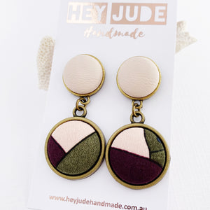 Antique Bronze Double Drop-Statement Earrings-Blush Pink Leatherette upper+ Pink Aubergine Olive lower fabric design-Hey Jude Handmade