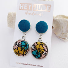Load image into Gallery viewer, AntiqueSilver-DoubleDropEarrings-Teallinen upper_Teal_Mustard_PinkFloral bottom-Hey Jude Handmade