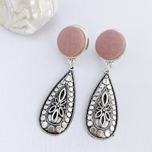 Load image into Gallery viewer, Antique Silver Boho Drop Earrings-Antique Pink fabric feature-Hey Jude Handmade
