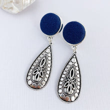 Load image into Gallery viewer, Antique Silver Boho Drop Earrings-Navy Linen feature-Hey Jude Handmade