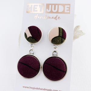 Antique Silver Statement Earrings-Double Drops-Aubergine Pink Olive fabric upper+Aubergine bottom feature-Hey Jude Handmade