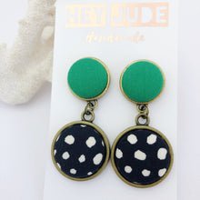 Load image into Gallery viewer, Antique Bronze Statement Earrings-Double Drops-Fabric features-Vivid Green and Black, White Spots-Hey Jude Handmade