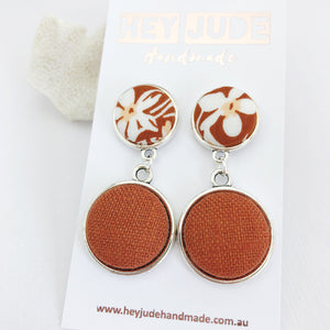 Antique Silver Double Drop-Statement Earrings-Toffee floral upper and Rust Linen bottom-Hey Jude Handmade
