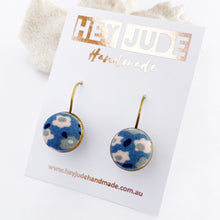 Load image into Gallery viewer, Small Bronze drop earrings-bezel setting with fabric button feature-Light Blue Floral-Hey Jude Handmade