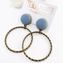Load image into Gallery viewer, Bronze Hoop Earrings-Stud Dangle with fabric button feature-Duck Egg Blue Linen-Hey Jude Handmade