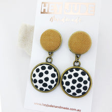 Load image into Gallery viewer, Antique Bronze Double Drop-Statement Earrings-Tikka Linen upper and White black dots bottom-Hey Jude Handmade