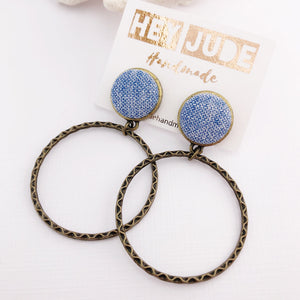Hoop Earrings-Bronze Hoops-with Light Blue woven fabric-Hey Jude Handmade