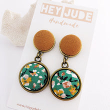 Load image into Gallery viewer, Bronze Statement Earrings-Antique Bronze and Fabric-Double Drops-Saffron Linen and Green Summer Floral-Hey Jude Handmade