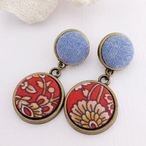Statement Earrings-Bronze-Double Drops-Light Blue and Red Rust Filigree Pattern-Fabric Features-Hey Jude Handmade
