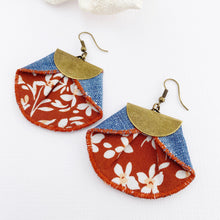 Load image into Gallery viewer, Dangle Statement Earrings-Pleated Denim Dangles-Toffee White Floral fabric-Light denim reverse-Hey Jude Handmade