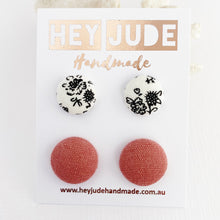Load image into Gallery viewer, Fabric Button Stud Earrings-2 pack-White black floral + Raspberry Pink Linen-Hey Jude Handmade