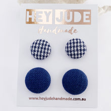 Load image into Gallery viewer, Fabric Stud Earrings-2 pack -Navy Houndstooth +Navy Linen-Hey Jude Handmade