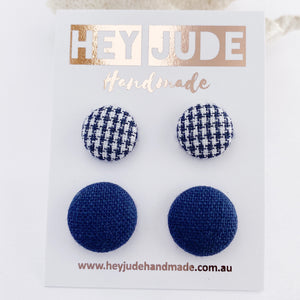Fabric Stud Earrings-2 pack -Navy Houndstooth +Navy Linen-Hey Jude Handmade