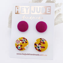 Load image into Gallery viewer, Fabric Stud Earrings-2 pack of small and medium fabric covered buttons-Plum + Mustard plum floral-Hey Jude Handmade