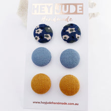 Load image into Gallery viewer, Fabric Button Stud Earrings-3 pack-Medium-Deep Teal Blue Floral, Duck Egg Blue Linen, Tikka Linen-Hey Jude Handmade