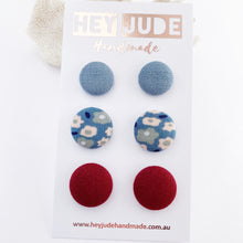 Load image into Gallery viewer, 3 pack Stud Earrings-fabric covered buttons-Duck Egg Blue Linen,Light Blue Floral, Maroon-Hey Jude Handmade