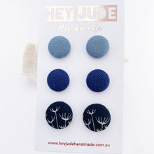 Load image into Gallery viewer, Fabric Button Studs Earrings-3 pack- small and medium-Duck Egg Blue Linen,Navy Linen, Navy Dandelion-Hey Jude Handmade