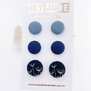 Fabric Button Studs Earrings-3 pack- small and medium-Duck Egg Blue Linen,Navy Linen, Navy Dandelion-Hey Jude Handmade