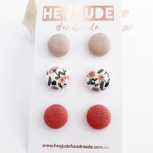 Load image into Gallery viewer, Small Fabric Button Stud Earrings-Multipack, 3 pack-Ice Pink, White Pink Floral-Dusky Rose Linen-Hey Jude Handmade