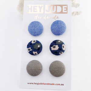 Fabric Stud Earrings-Medium-3 pack-Light Blue,Deep Teal Blue Floral, Grey Sage Linen-Hey Jude Handmade