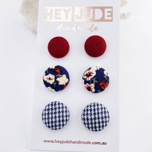 3 pack Stud Earrings-Fabric covered button earrings-Maroon, Navy Floral, Navy Houndstooth-Hey Jude Handmade