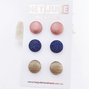 Fabric Stud Earrings-3 pack-Rose Gold Metallic, Royal Blue with silver sparkles, Textured Gold-Hey Jude Handmade