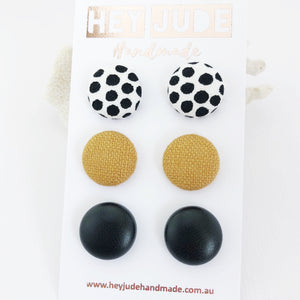 Fabric Stud Earrings-Multipack-3 pack-White black dots,Tikka Linen,Black Leatherette-Hey Jude Handmade