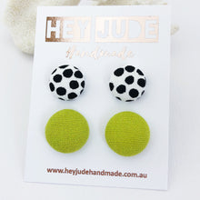 Load image into Gallery viewer, Fabric Stud Earrings-2 pack-White black dots and Chartreuse Linen-Hey Jude Handmade