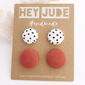Stud Earring 2 pack-Fabric Buttons-White Black Dots and Cinnamon-Hey Jude Handmade