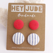 Load image into Gallery viewer, Stud Earrings-Fabric Buttons-2 pack-Neon Coral and White thin blue pin stripe-Hey Jude Handmade