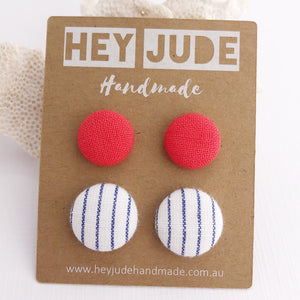 Stud Earrings-Fabric Buttons-2 pack-Neon Coral and White thin blue pin stripe-Hey Jude Handmade