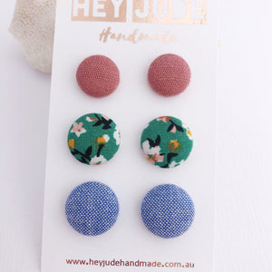 Fabric Stud Earrings-3 pack-Dusky Rose Linen, Green Summer Florals, Light Blue-Hey Jude Handmade