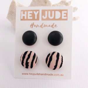 Fabric Stud Earring Multipack, 2pack, Black Leatherette + Pink Zebra Print- Hey Jude Handmade