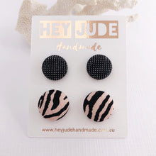 Load image into Gallery viewer, Fabric Stud Earrings, Multipack, 2 pack, Black Sparkle + Pink Zebra Prin- Hey Jude Handmade
