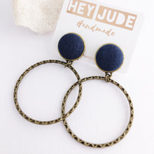 Load image into Gallery viewer, Hoop Earrings-Bronze Stud Dangles-Navy Linen Feature-Hey Jude Handmade