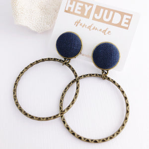 Hoop Earrings-Bronze Stud Dangles-Navy Linen Feature-Hey Jude Handmade
