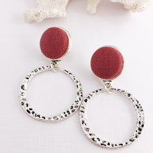Load image into Gallery viewer, Hoop Earrings-Antique Silver Earrings-Raspberry Pink Linen-Stud Dangles-Hey Jude Handmade
