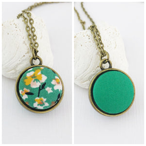 Mini Pendant Necklace-Bronze-Double Sided-Green Summer Floral and Green reverse-Fabric Features-Hey Jude Handmade