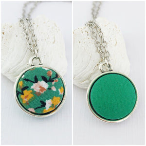 Mini Pendant Necklace-Antique Silver-Double Sided-Green Summer Floral and Green-Fabric Features-Silver Chain-Hey Jude Handmade