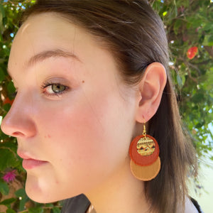 Rust and Tikka coloured linen-Dangle Earrings-on model-Hey Jude Handmade