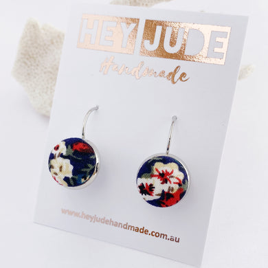 Small Silver Drop Earrings-Bezel Setting with fabric button feature-Navy Floral-Hey Jude Handmade