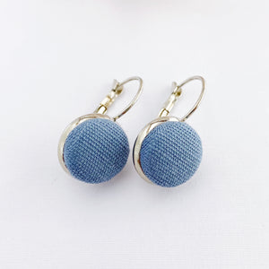 Small Silver Drop Earrings-Bezel Setting-Duck Egg Blue Linen fabric covered button feature-Hey Jude Handmade