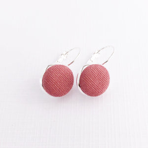 Silver Earrings small bezel drop earrings with Dusky Rose Pink linen