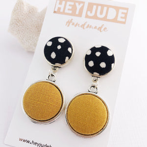 Antique Silver-Double Drop Earrings-Black, white spots and Mustard Yellow Linen-Fabric button features-Hey Jude Handmade