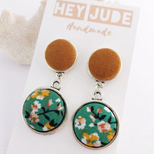 Load image into Gallery viewer, Silver Drop Earrings-Antique Silver Double Drops-Saffron Linen and Green Summer Floral-fabric button features-Hey Jude Handmade
