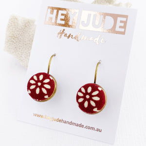 Small Bronze Drop Earrings-Bezel Drops-Maroon Petal fabric feature-Hey Jude Handmade