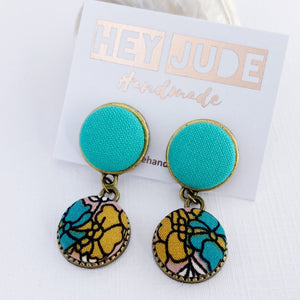 Small Bronze Double Drop Earrings-Fabric Features-Seafoam Green upper and Mustard teal Floral bottom-set in bronze-tree of life reverse detail-Hey Jude Handmade