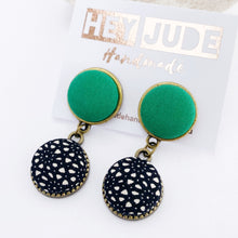 Load image into Gallery viewer, Small Bronze two piece stud dangle earrings-fabric Button earrings-Vivid Green upper and Black White pattern-Hey Jude Handmade