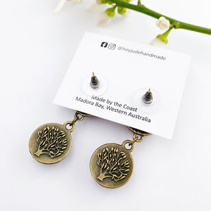 Reverse View-Small Bronze Double Drop Earrings-Tree of Life carving-Hey Jude Handmade