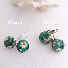 Load image into Gallery viewer, Small Bezel Drop Earrings-Silver and Bronze varieties-Green Summer Floral-Fabric Buttons-Hey Jude Handmade